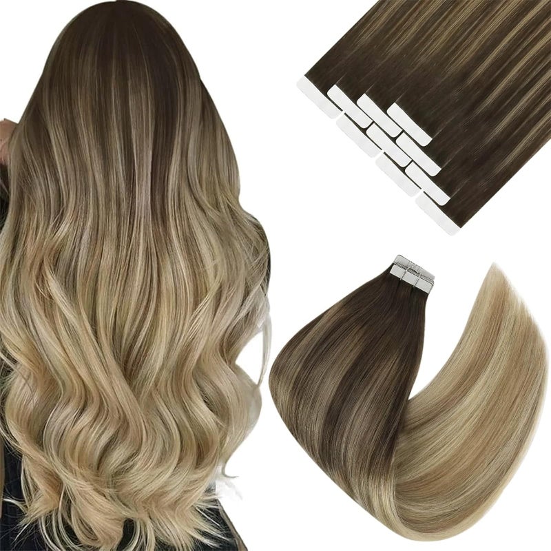 Ve Sunny Tape in Hair Extensions Real Human Hair Invisible Remy Human Hair Straight Tape Ins Double Sided Dark Brown Balayage Dark Golden Blonde Highlight Platinum Blonde 22 inch 10Pcs 25G - Image 1